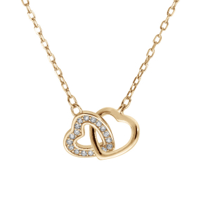 COLLIER VERMEIL  2 COEURS ENTRELACÉS 1 LISSE ET 1 AVEC OXYDES BLANCS SERTIS 40+5CM