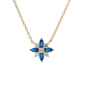 COLLIER VERMEIL FLEUR OXYDES BLANCS ET BLEUS SERTIS 42+3CM