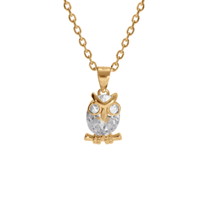 COLLIER VERMEIL CHOUETTE HIBOU OXYDE BLANC 41+3CM