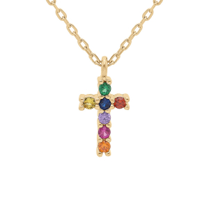 COLLIER VERMEIL PENDENTIF CROIX 10 X 8 MM PIERRES SYNTHETIQUE MULTI COULEURS 44CM REGLABLE 42 ET 40