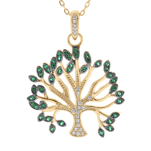 COLLIER VERMEIL MASSIF ARBRE DE VIE OXYDES BLANCS ET VERTS SERTIS 40+5CM