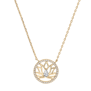 COLLIER VERMEIL FLEUR DE LOTUS CONTOUR CERCLE OXYDES BLANCS SERTIS  39+4CM