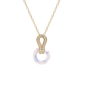 COLLIER VERMEIL PENDENTIF CERCLE VERRE FACETÉ BLANC ET VOLUTE  OXYDES BLANCS SERTIS 44CM REGLABLE 42 ET 40