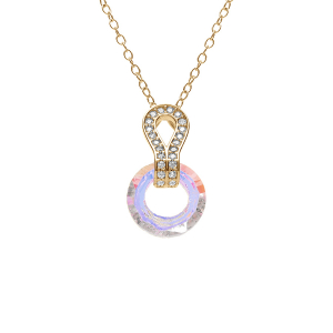 COLLIER VERMEIL PENDENTIF CERCLE VERRE FACETÉ BLANC ET VOLUTE  OXYDES BLANCS SERTIS 44CM REGLABLE 42 ET 40