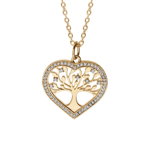 COLLIER VERMEIL PENDENTIF COEUR AVEC ARBRE DE VIE CONTOUR OXYDES BLANCS SERTIS 42+3CM