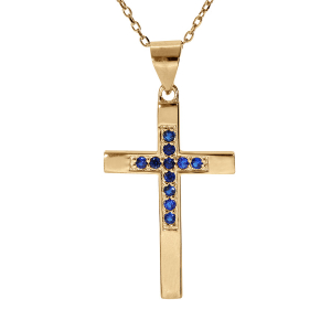 COLLIER VERMEIL PENDENTIF CROIX OXYDES BLEU 40+4CM