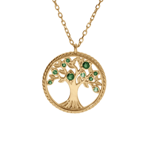COLLIER VERMEIL PENDENTIF ARBRE DE VIE CONTOUR PERLÉ AVEC OXYDES VERTS  42+3CM