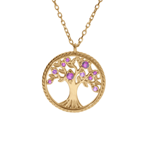 COLLIER VERMEIL PENDENTIF ARBRE DE VIE CONTOUR PERLÉ AVEC OXYDES VIOLET 42+3CM