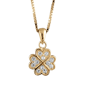 COLLIER VERMEIL PENDENTIF TREFLE FORME 4 COEURS PIERRES SYNTHETIQUE BLANCHES 42+3CM