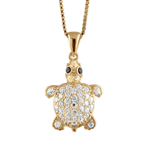 COLLIER ARGENT  RHODIÉ PENDENTIF TORTUE PIERRES SYNTHETIQUE BLANCHES 42+3CM