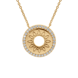 COLLIER VERMEIL DISQUE MOTIF SOLEIL ÉVIDÉ ENTOURAGE OXYDES BLANCS 42+3CM