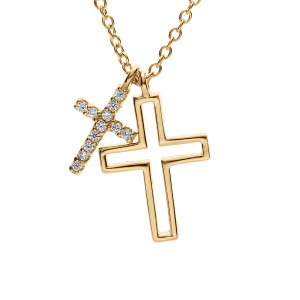 COLLIER VERMEIL DOUBLE CROIX LISSE  AVEC PAVAGE OXYDES BLANCS 42+3CM