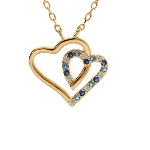 COLLIER VERMEIL PENDENTIF DOUBLE COEUR CONTOUR OXYDES BLEUS ET BLANCS 42+3CM