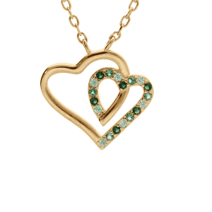 COLLIER VERMEIL PENDENTIF DOUBLE COEUR CONTOUR OXYDES VERTS ET BLANCS 42+3CM