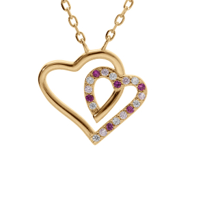 COLLIER VERMEIL PENDENTIF DOUBLE COEUR CONTOUR OXYDES BLANCS ET ROSES 42+3CM