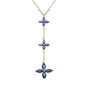 COLLIER VERMEIL PENDENTIF 3 FLEURS VERRE BLEU FONCÉ 40+4CM