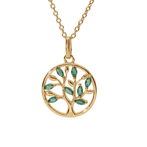 COLLIER VERMEIL PENDENTIF CERCLE ARBRE DE VIE OXYDES VERT 40+4CM