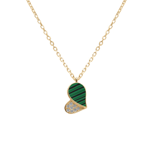 COLLIER VERMEIL PENDENTIF COEUR AVEC OXYDES BLANCS  ET MALACHITE VÉRITABLE 39+4CM