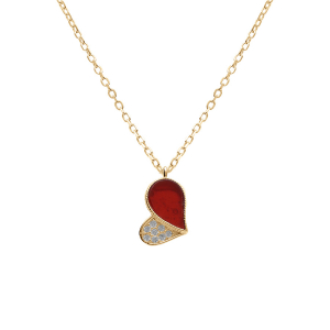 COLLIER VERMEIL PENDENTIF COEUR AVEC OXYDES BLANCS  ET AGATE ROUGE 39+4CM