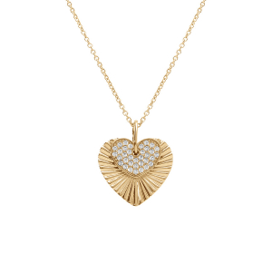 COLLIER VERMEIL PENDENTIF DOUBLE COEUR STRIÉ ET OXYDES BLANCS SERTIS 42+3CM