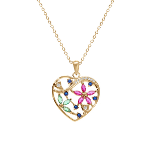 COLLIER VERMEIL PENDENTIF COEUR AVEC FLEURS OXYDES MULTI COULEURS 40+5CM