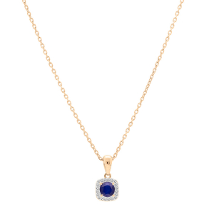 COLLIER VERMEIL PENDENTIF SAPHIR VÉRITABLE CONTOUR FORME CARRÉ TOPAZES BLANCHES SERTIES 42+3CM