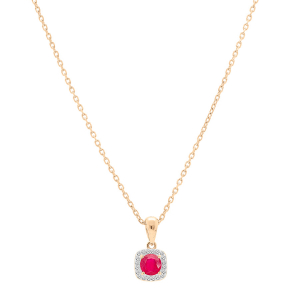 COLLIER VERMEIL PENDENTIF RUBIS VÉRITABLE ET CONTOUR FORME CARRÉ TOPAZES BLANCHES SERTIES 42+3CM