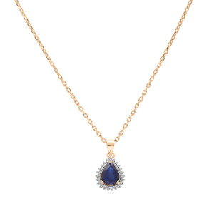 COLLIER VERMEIL PENDENTIF SAPHIR FORME GOUTTE 8X6 CONTOUR TOPAZES BLANCHES SERTIES 42+3CM