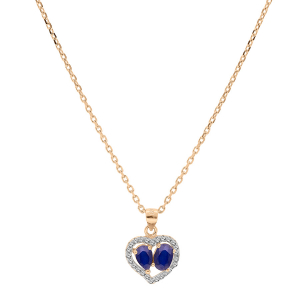 COLLIER VERMEIL PENDENTIF FORME COEUR 2 SAPHIRS VÉRITABLES ET CONTOUR TOPAZES BLANCHES SERTIES 42+3CM