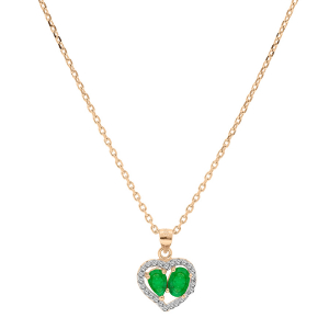 COLLIER VERMEIL PENDENTIF FORME COEUR 2 EMERAUDES VÉRITABLES CONTOUR TOPAZES BLANCHES SERTIES 42+3CM