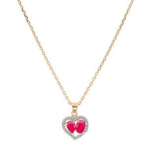 COLLIER VERMEIL PENDENTIF FORME COEUR 2 RUBIS VÉRITABLES CONTOUR TOPAZES BLANCHES SERTIES 42+3CM