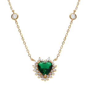 COLLIER VERMEIL COEUR OXYDE VERT CENTRAL ET CONTOUR OXYDES BLANCS SERTIS  42+3CM