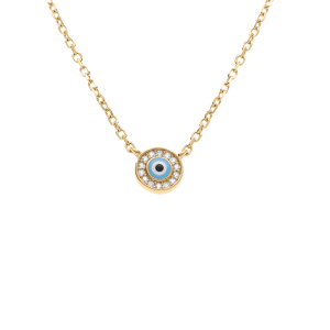 COLLIER VERMEIL PENDENTIF ROND OEIL DE LA CHANCE OXYDES BLANCS SERTIS  40+4CM