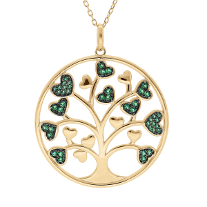 COLLIER VERMEIL MASSIF ARBRE DE VIE 30MM AVEC COEURS OXYDES VERTS 44,5+4,5CM