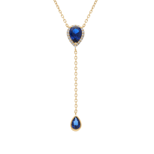 COLLIER VERMEIL FORME CRAVATE GOUTTE OXYDE BLEU FONCÉ CONTOUR OXYDES BLANCS 39+5CM