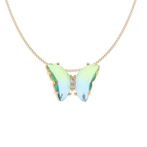 COLLIER VERMEIL PAPILLON 20X15MM VERRE DEGRADÉ BLEU VERT ET OXYDES BLANCS SERTIS 42+3CM