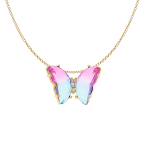 COLLIER VERMEIL PAPILLON 20X15MM VERRE DEGRADÉ ROSE ET OXYDES BLANCS SERTIS 42+3CM