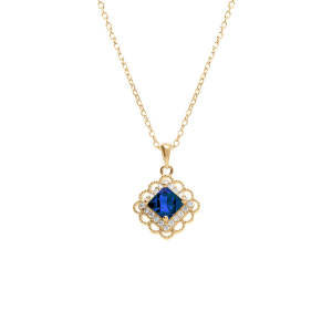 COLLIER VERMEIL PENDENTIF CARRÉ OXYDE BLEU SERTI CONTOUR OXYDES BLANCS SERTIS 39+4CM