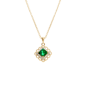 COLLIER VERMEIL PENDENTIF CARRÉ OXYDE VERT CONTOUR OXYDES BLANCS SERTIS 39+4CM