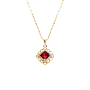 COLLIER VERMEIL PENDENTIF CARRÉ OXYDE ROUGE OXYDES BLANCS SERTIS 39+4CM