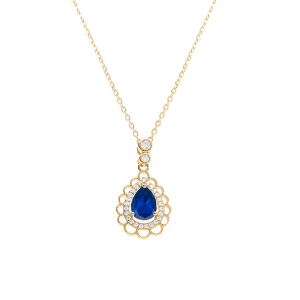 COLLIER VERMEIL GOUTTE OXYDE BLEU ET CONTOUR OXYDES BLANCS SERTIS ET DENTELLÉ 40+4CM