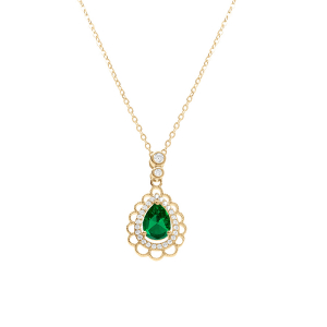 COLLIER VERMEIL GOUTTE OXYDE VERT ET CONTOUR OXYDES BLANCS SERTIS ET DENTELLÉ 40+4CM