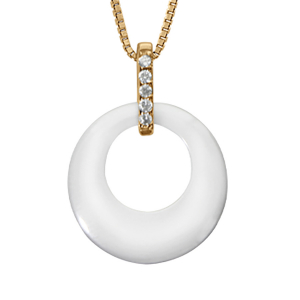 COLLIER VERMEIL PENDENTIF CERCLE CERAMIQUE BLANCHE BARETTE OXYDES SERTIS 42+3CM