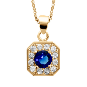 COLLIER VERMEIL PENDENTIF CARRÉ OXYDES SERTIS BLANCS PIERRE CENTRALE SYNTHETIQUE BLEU 42+3CM