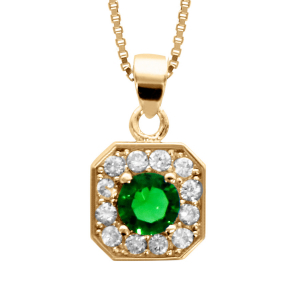 COLLIER VERMEIL PENDENTIF CARRÉ OXYDES SERTIS BLANCS PIERRE CENTRALE SYNTHETIQUE VERTE 42+3CM