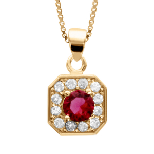 COLLIER VERMEIL PENDENTIF CARRÉ OXYDES SERTIS BLANCS PIERRE CENTRALE SYNTHETIQUE ROUGE 42+3CM