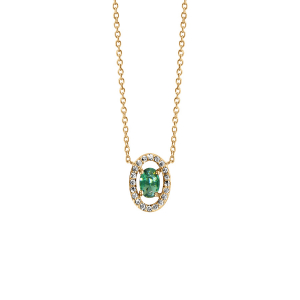 COLLIER VERMEIL FORME OVALE VERRE VERT ENTOURAGE OXYDES BLANCS SERTIS 40+4CM
