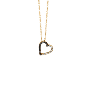 COLLIER VERMEIL FORME COEUR EVIDEE MOITIE OXYDES BLANCS SERTIS ET PIERRES NOIRES SYNTHETIQUE RHODIUM NOIR 40+4CM