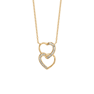COLLIER VERMEIL DOUBLE COEUR SUPERPOSE OXYDES BLANCS SERTIS 40+4CM