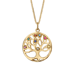 COLLIER VERMEIL PENDENTIF ROND ARBRE DE VIE PIERRES SYNTHETIQUE MULTI COULEURS 42+3CM